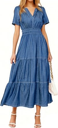 Simplee Womens Summer Denim Dress Casual Short Sleeve V Neck Empire Waist Boho Flowy Western Jean Maxi Dresses with Pockets