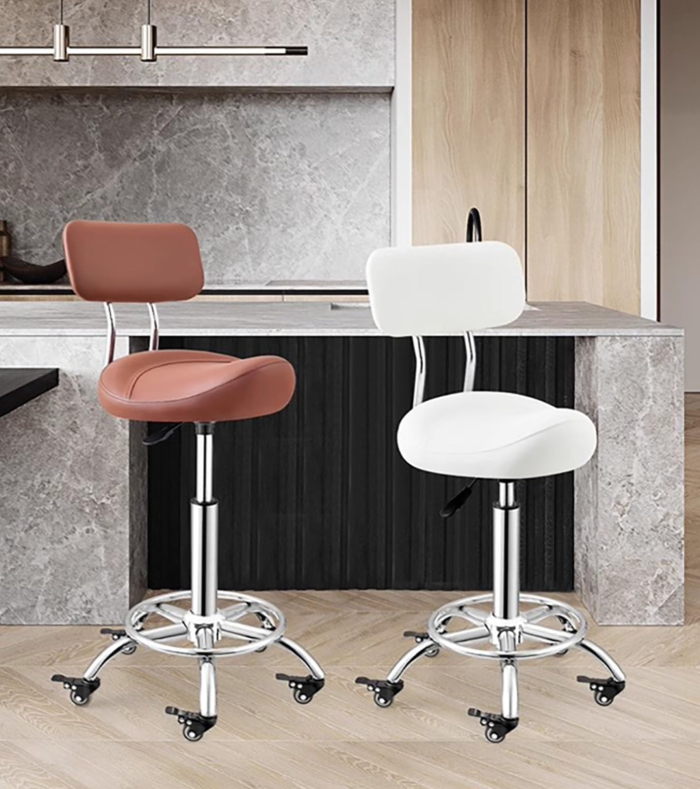 Ergonomiczny taboret siodłowy z podparciem pleców i podnóżkiem – wygodne siedzisko do biura, kuchni lub salonu – idealny na długie godziny pracy i relaksu