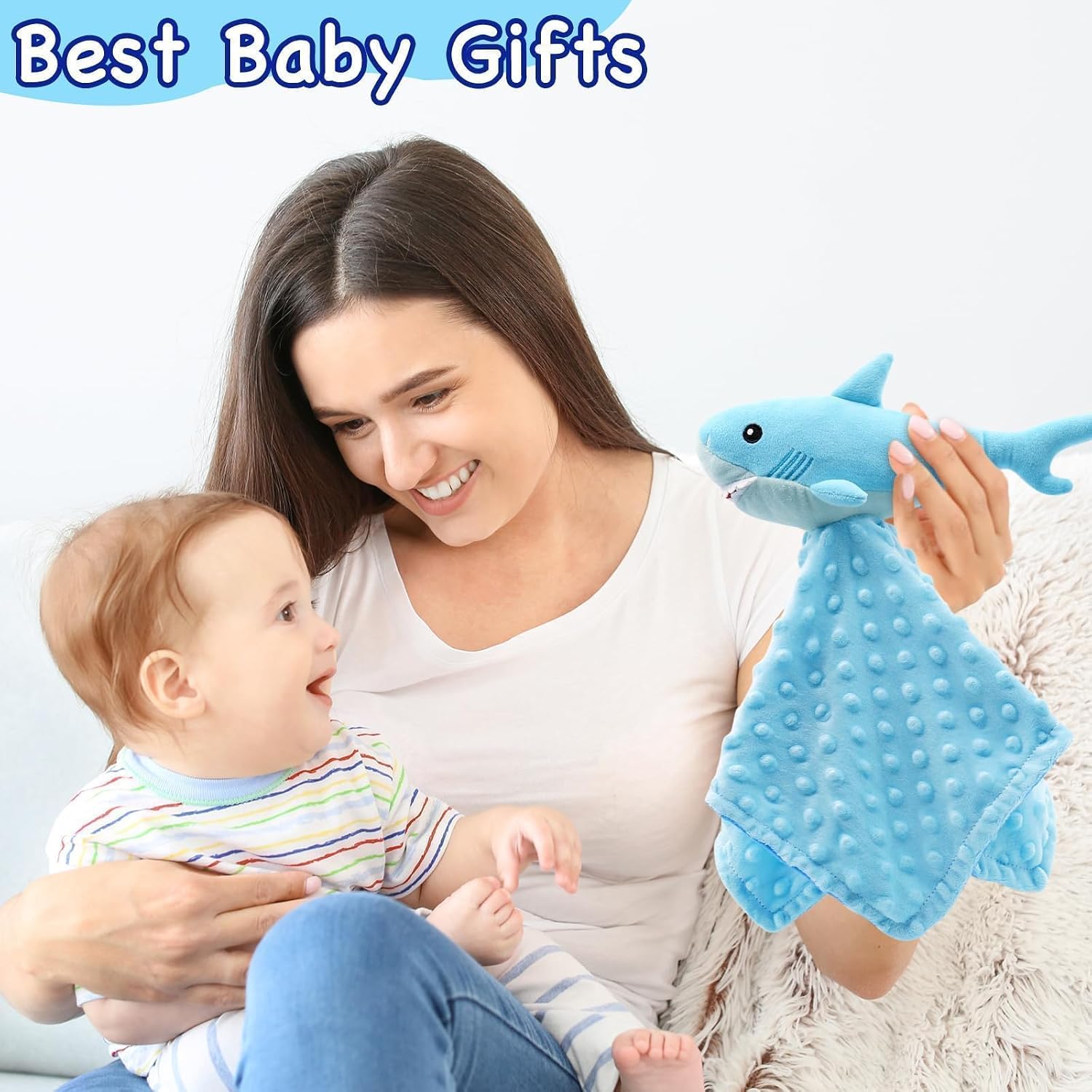 Shark Blanket Security for Baby Soft Lovey Plush Sleeping Snuggle Gifts Boy Blue Minky Dot Stuffed Ocean Animal Newborn Nursery Kids Toddler First Birthday Unisex Blankie Gift Ideas 15 Inch