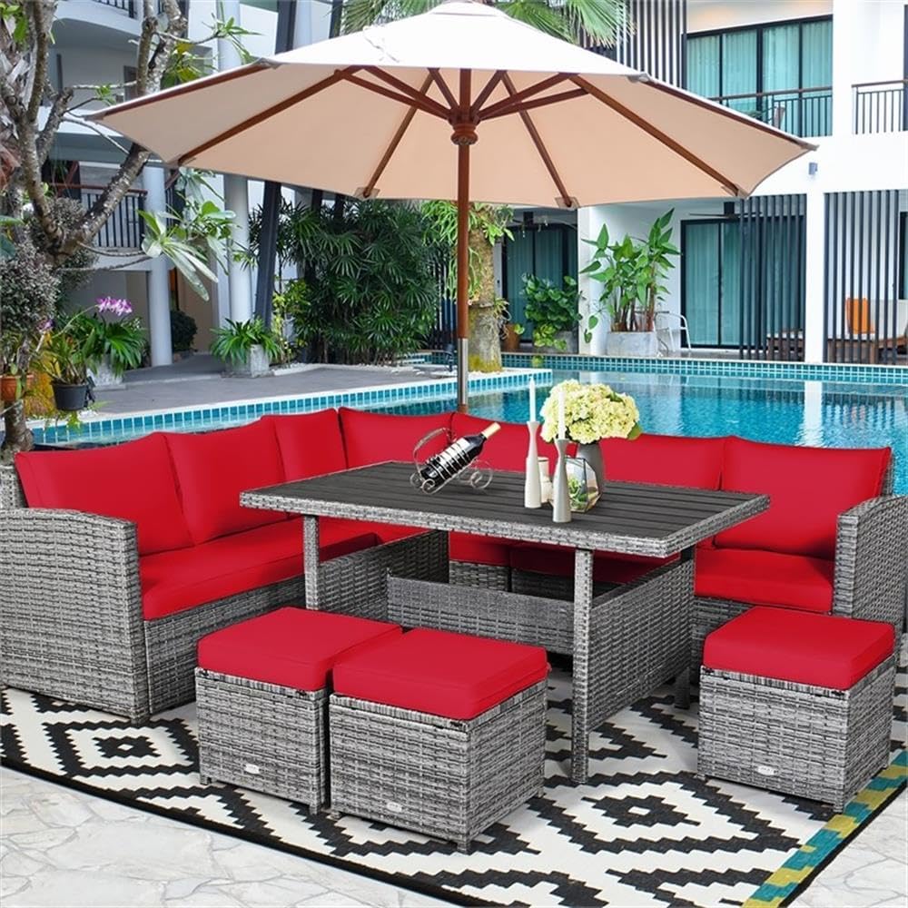 Pemberly Row 7-Piece Outdoor Patio Dining Set, PE Rattan Sectional Sofa Couch with Ottoman and Coffee Table, Steel Frame, Red Cushions, All-Weather Design, Garden, Lawn, or Patio Furniture