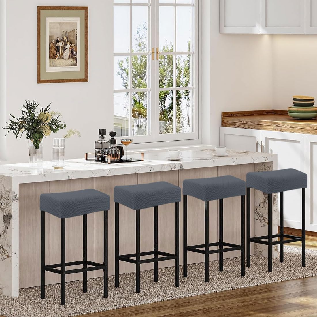 Waterproof Stool Covers Rectangle Set of 2, Stretch Saddle Seat Cover Counter Bar Stools Bar Chairs Covers Kitchen Island Chairs Cushion Protector Dark Gray