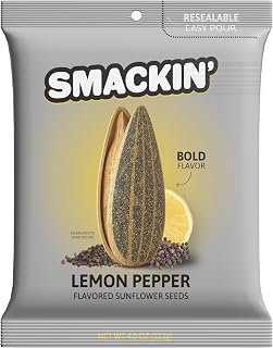 SMACKIN' - Jumbo Roasted Sunflower Seeds, No Salty Burn, American Made, Easy Pour & Seal - Lemon Pepper, 4oz bag (12 Bags)