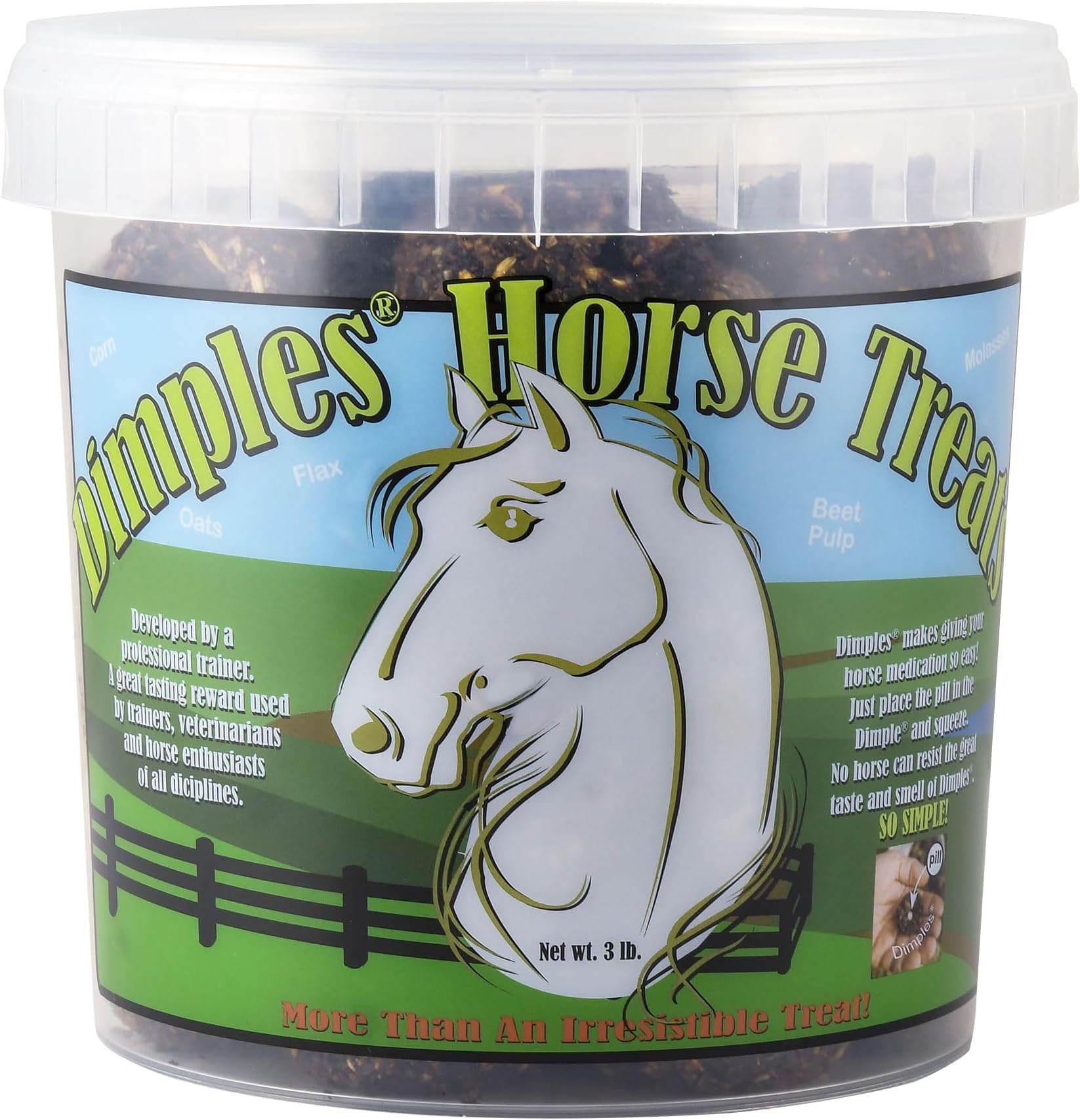 Dimples Horse Treats with Pill Dimples - 3lb Tub of USA-Made Horse Cookies with Beet Pulp - Tasty, Healthy, & Organic Treats - Equine Pill Dimples for Meds