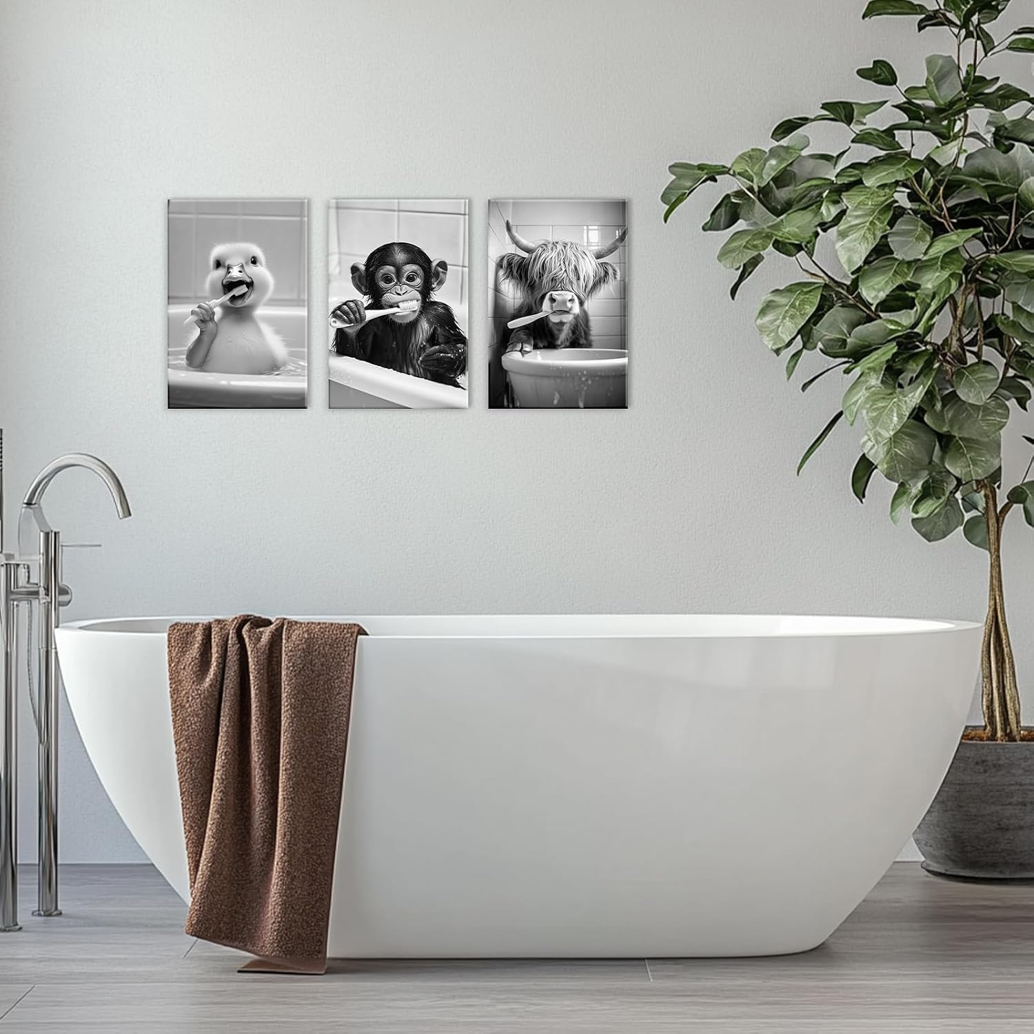 GLOKAKA Funny Bathroom Wall Decor 3 Panel Gray And White Duck Monkey Cow Poster Wall Art Animals Brush Their Teeth Painting Artwork Toilet Nursery Decor(Artwork-1,11"x14"x3pcs)