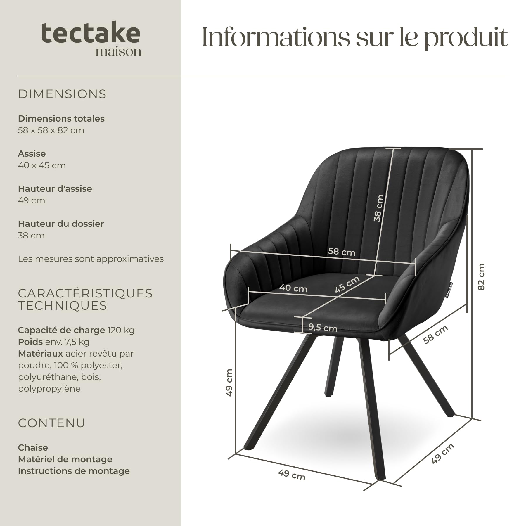 Chaise Pivotante Design En Velours - Pieds Acier, Dossier Et Accoudoirs Rembourrés, Capacité 120 Kg, Pour Salon Ou Salle à Manger