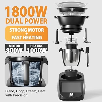 Smart Food Processor All-in-One Cooking Machine 3.0L Multifunctional Kitchen Appliance with Built-in Scale 7 inch Touch Screen 12 Speed Control Self-Cleaning 1000W Heating and Blending System (Black)