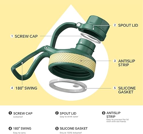 Miniatura 5 de IDEUS Botella de agua aislada de acero inoxidable con 2 tapas a prueba de fugas, termo para senderismo, ciclismo, 40 onzas, verde