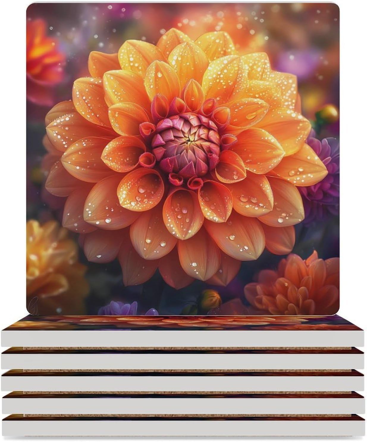 Orange Dahlia Floral Plants Ceramic Coasters Set Square Drink Coasters Table Coaster for Kitchen Desktop Decor
