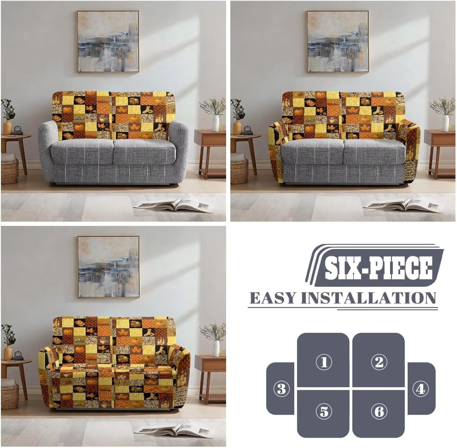 Thanksgiving Themed Covers for Recliers 2 Seat Loveseat Recliner Cover 6 Pieces, Washable Recliner Loveseat Covers for Pets Sofa Slipcover (Block Style)