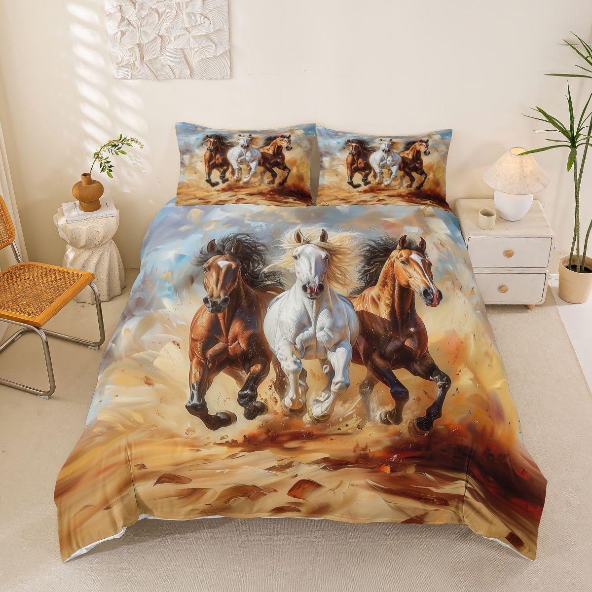 Parure de Lit 220x240 Cheval sans Repassage Housse de Couette Microfibre Anti-Pli avec Taies