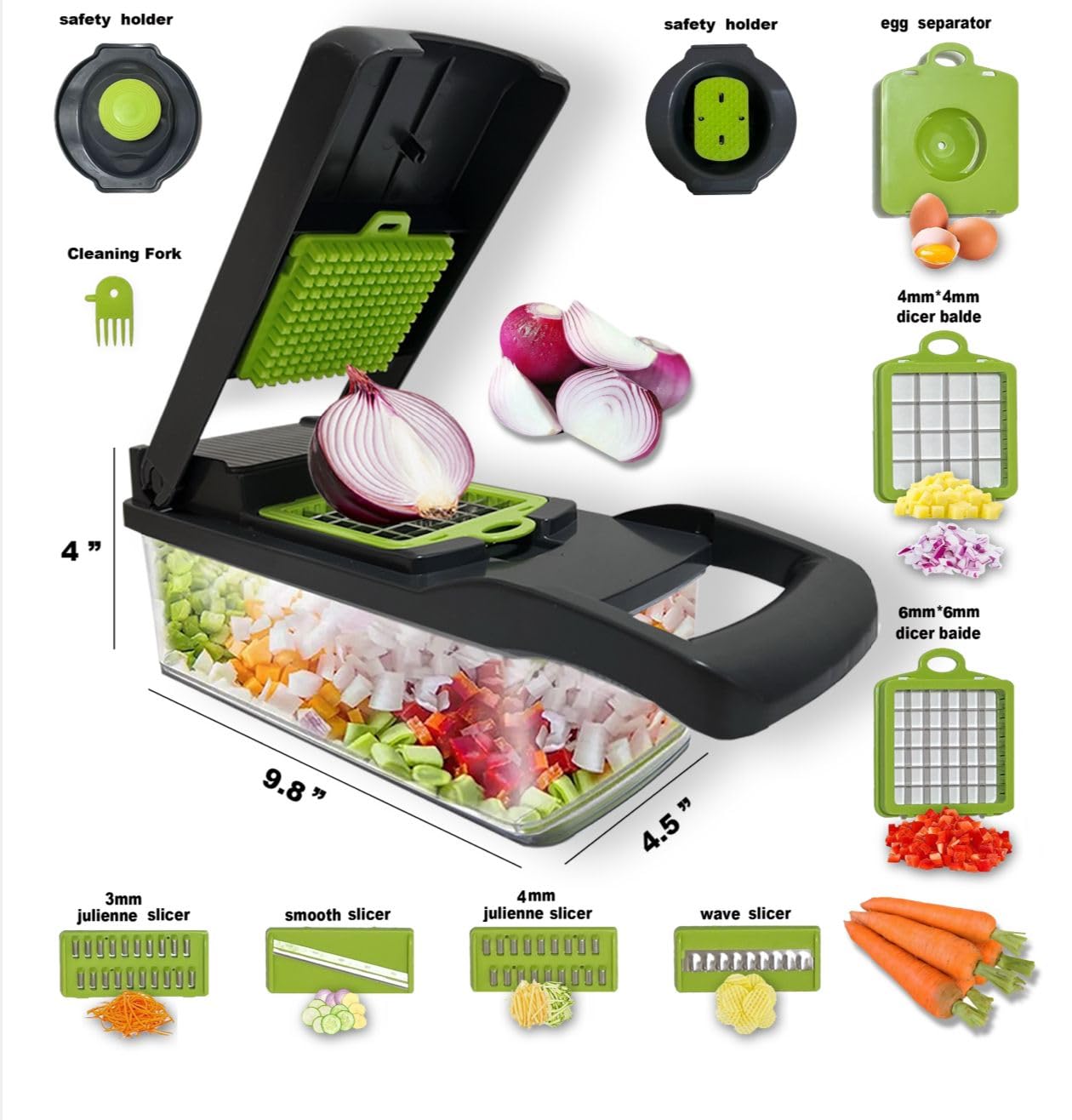 Multifunctional Vegetable Chopper with Container - 12 in-1 Adjustable 8-Blade Fruit & Veggie Chopper with Mandoline Slicer & Dicer | Kitchen Gadgets Food Cutter for Potato, Tomato & Onion (Green)