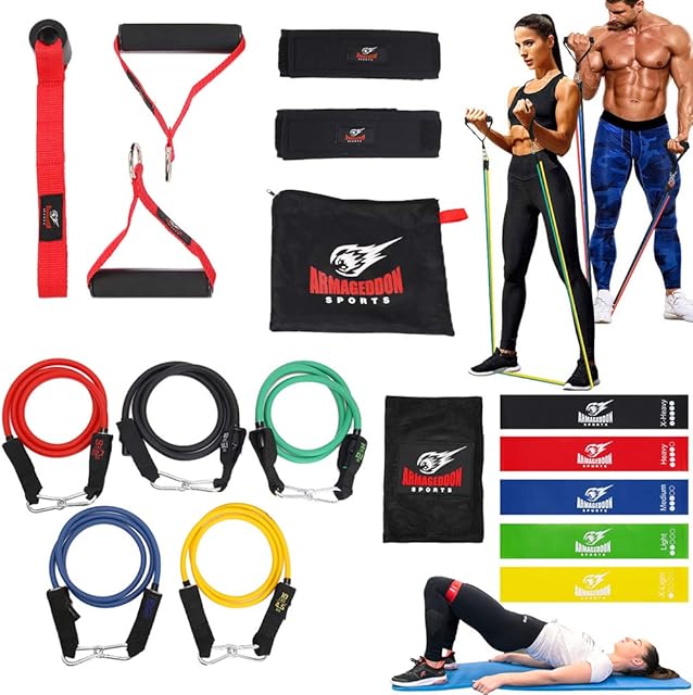 ARMAGEDDON SPORTS 17pcs Set Resistance Bands, Workout Bands with Handles, Ankle Straps, Anchor + Mini Loop Bands for Full Body Workout