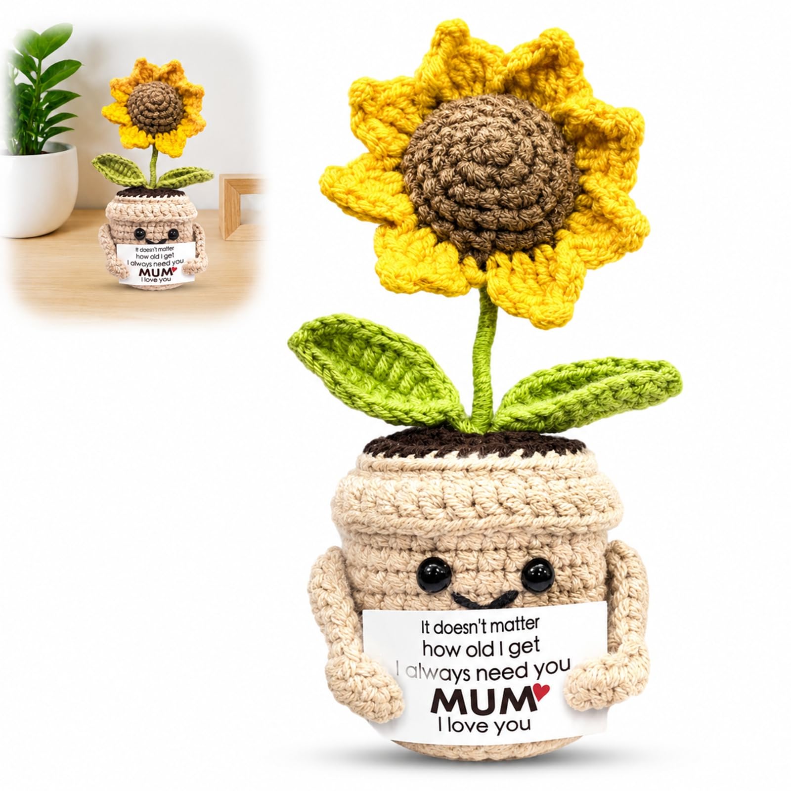 WHJYCC Crochet Sunflower Pot Ornament With Mum Sentiment Card, Freestanding โ image 1