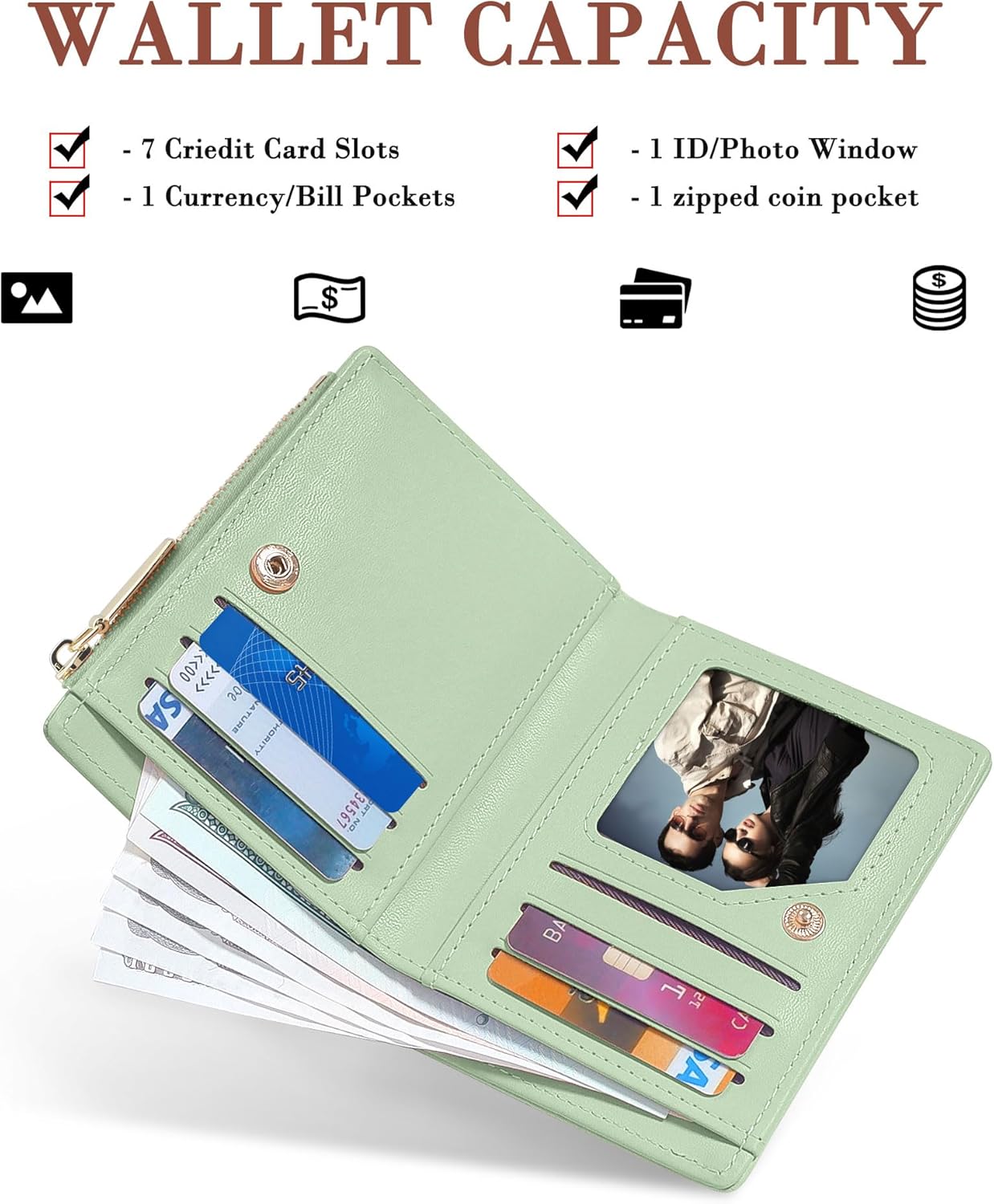 CONISY Small Wallet for Women, Vegan Leather Bifold RFID Blocking Cute Wallet with Coin Purse, Gift Ideas for Teen Girls Ladies (Cat Green) - Image 2