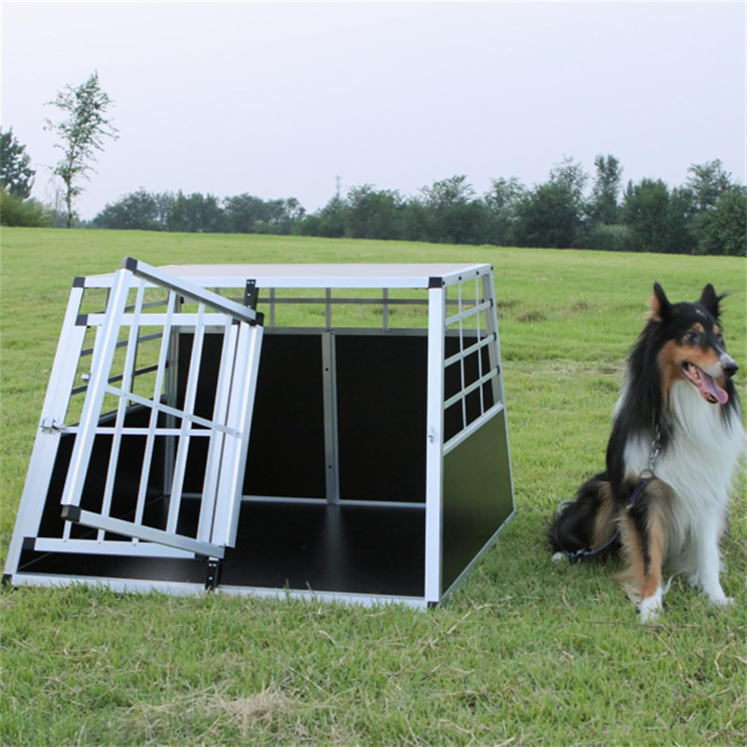Double Door Pet Car Transport Cage, Cage, Aluminum Alloy Puppy Travel Box, Trapezoidal Dog Cage Cat Cage, Pet Travel, Pet Transport, Pet Supplies, Silver