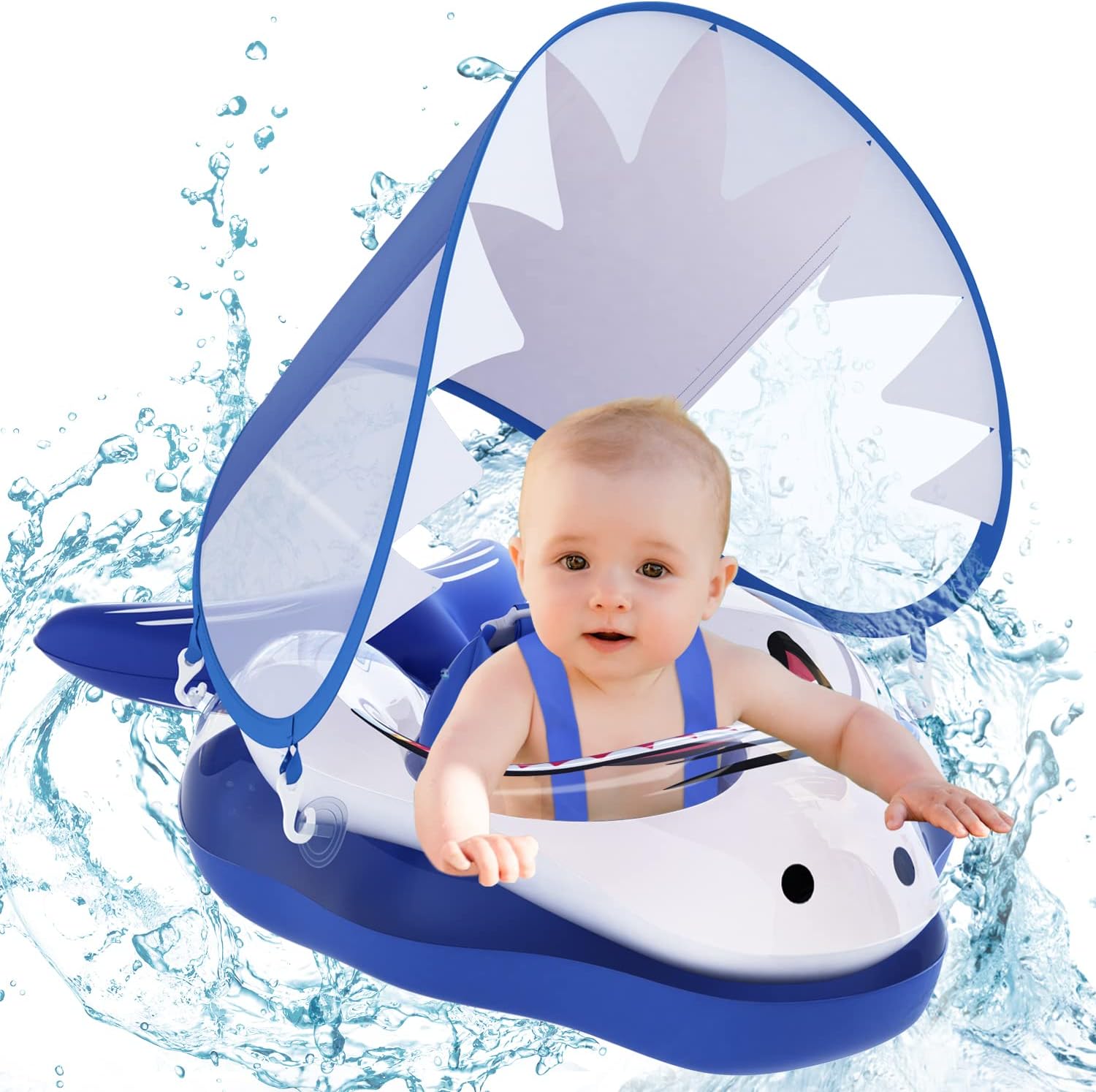 Baby Pool Float - Infant Inflatable Swimming Floaties with UPF50+ Sun Canopy - Bottom Support and Anti-Flip Tail for Safer Swim for Newborn Age 3-36 Months Toddler (Blue, L)