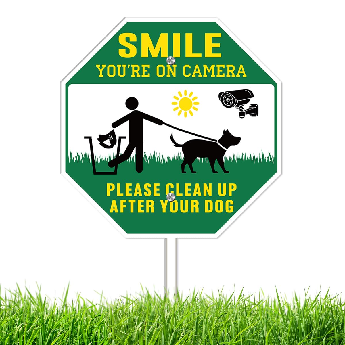 Panneau d'avertissement Clean Up After Your Dog double face avec piquet métallique de cour