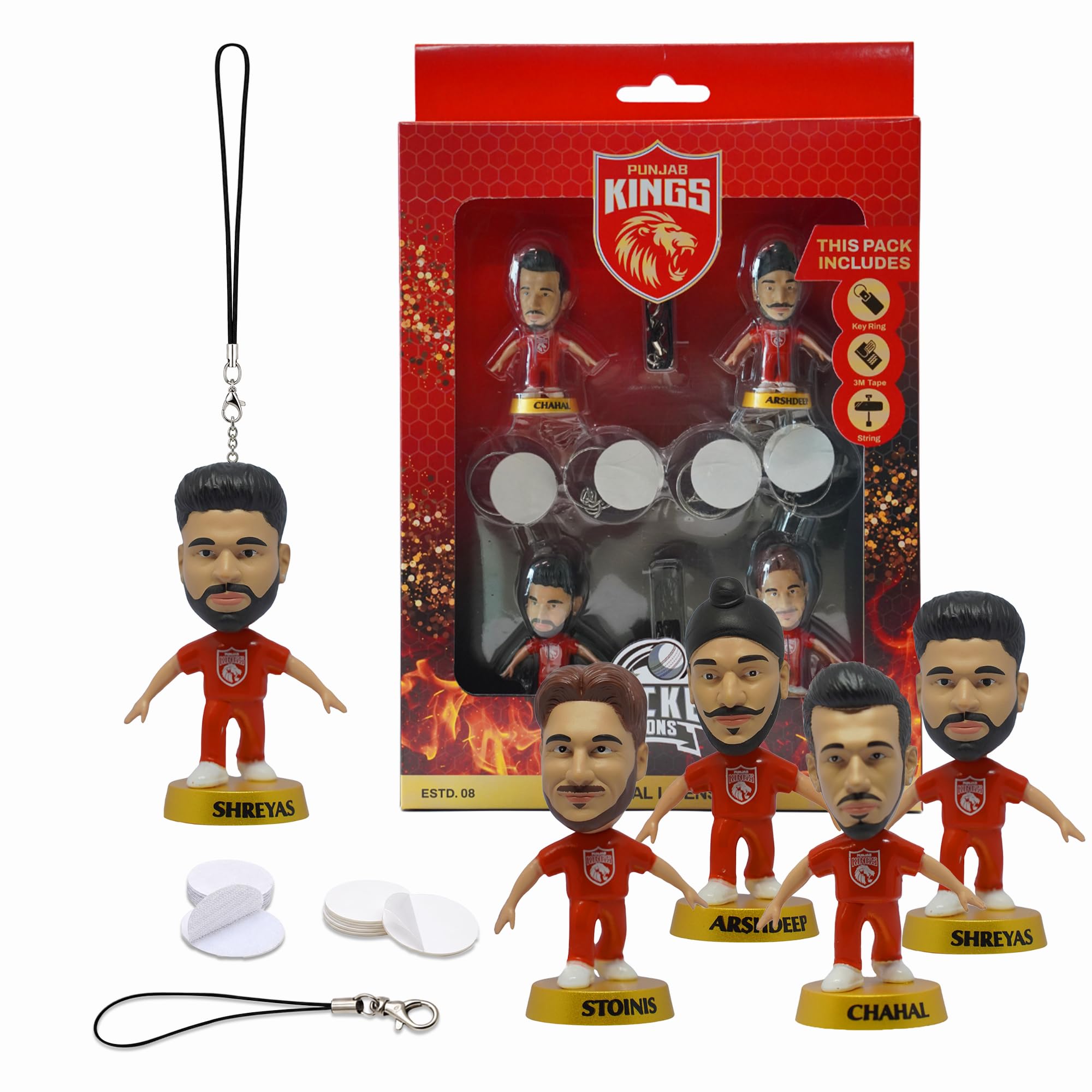 CRICKET ICONS Punjab Kings Action Figures with Accessories - Keychain, Velco Sticker and Car Hanging Mirror String – Pack of 4, IPL Edition, Miniature Colletables with 360° Rotatable Heads-image-32