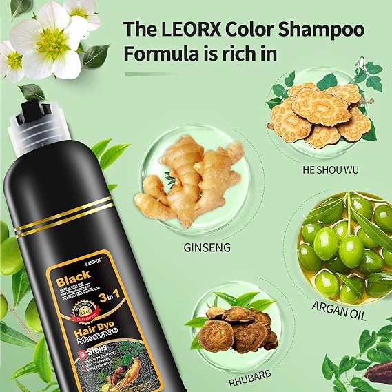 2 Pack Leorx Black Hair Dye Shampoo, 3 In 1 Color Shampoo Dye For Gray Coverage Hair Instant Herbal Coloring For Women & Men - Tintes Para El Cabello