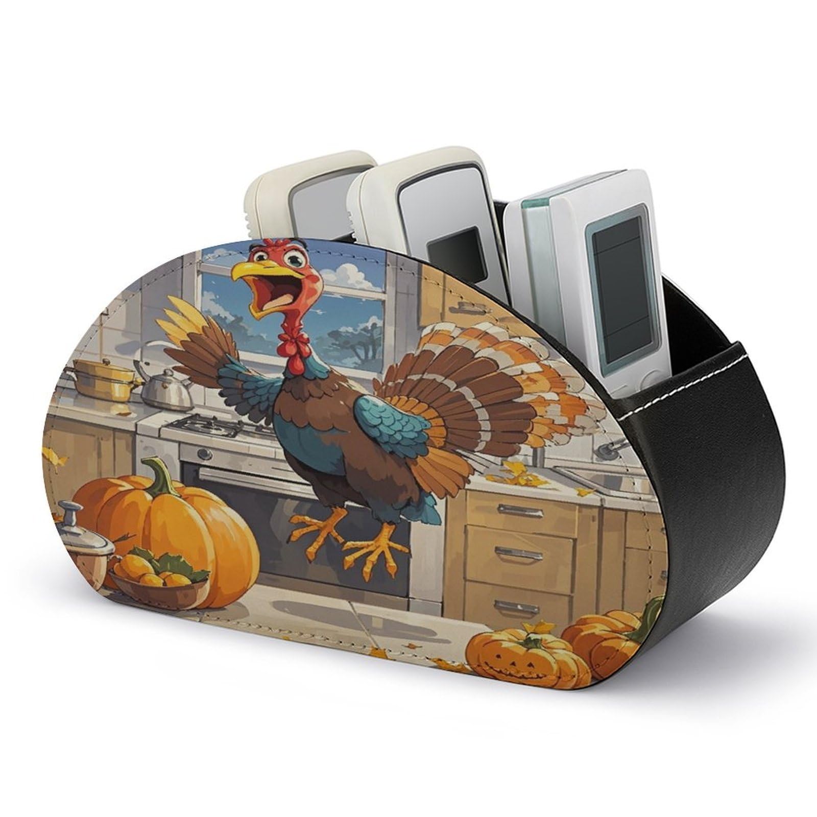 VstaDank Pumpkin And Turkey Remote Control Holder with 5 Compartments PU Leather TV Remoter Caddy Desktop Organizer TV Remote Holder Remote Box for Media Controllers Office Supplies