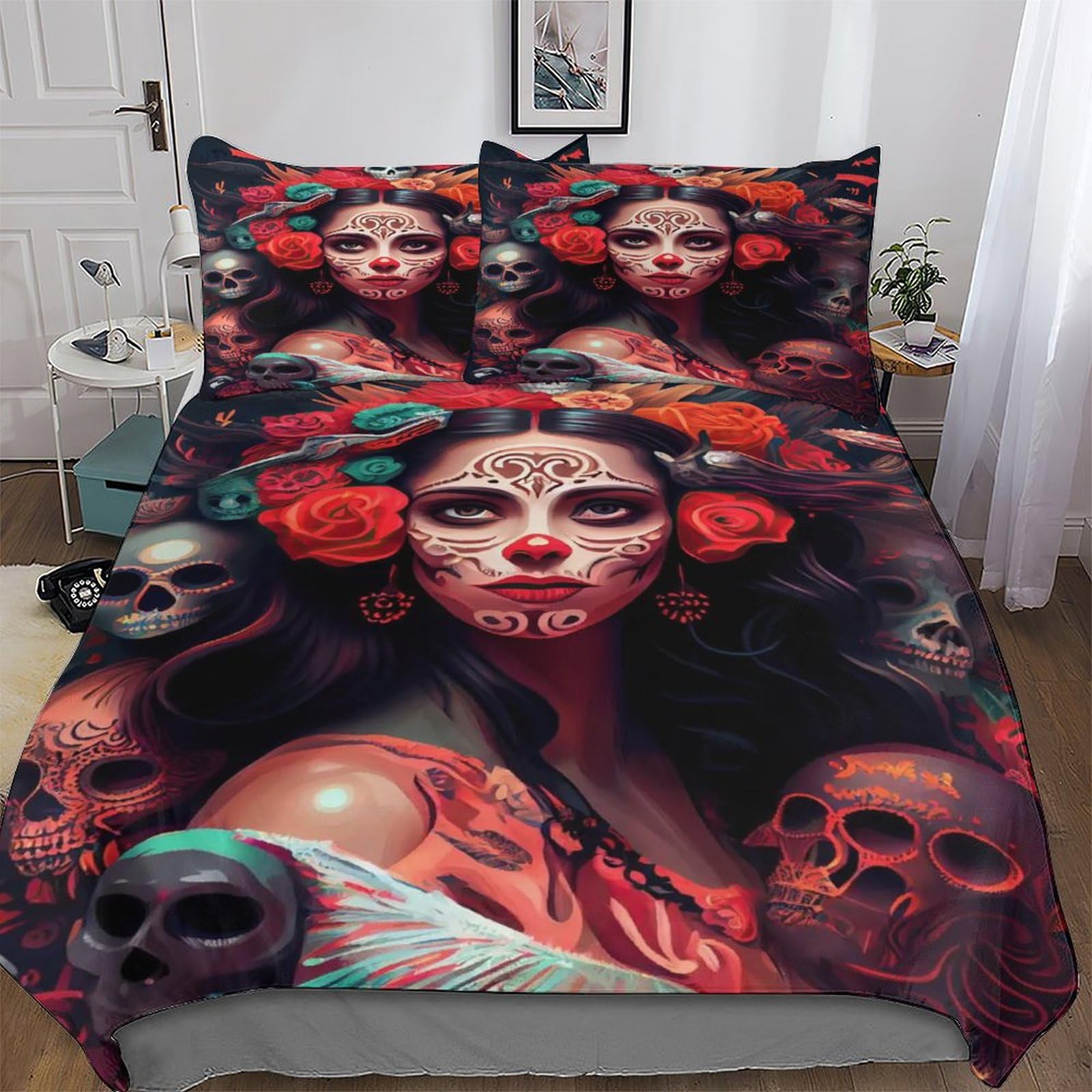 Day of The Dead Bedding Set for Girls Boys Adults Comforter Cover Soft Duvet Cover Room Decor Bedspread Cover 3 Pcs Set Hypoallergenic Microfiber Poly Cotton Quilt Cover Double (200x200cm)