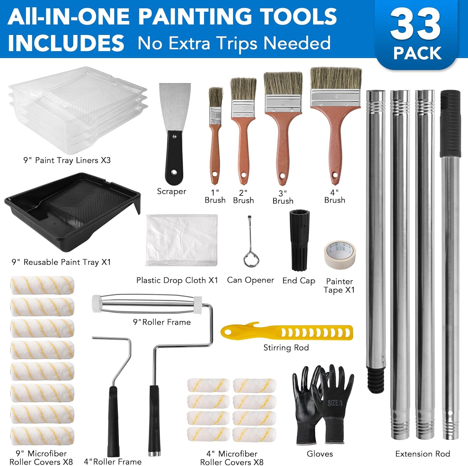 SOUTHGATE 33PCS Paint Roller Kit with 4-Section Pole, 9'' Roller Trays, Heavy-Duty Handles, Microfiber Paint Rollers, Brushes, Drop Cloth, House Painting Tools for Walls, Ceilings & Home Renovation