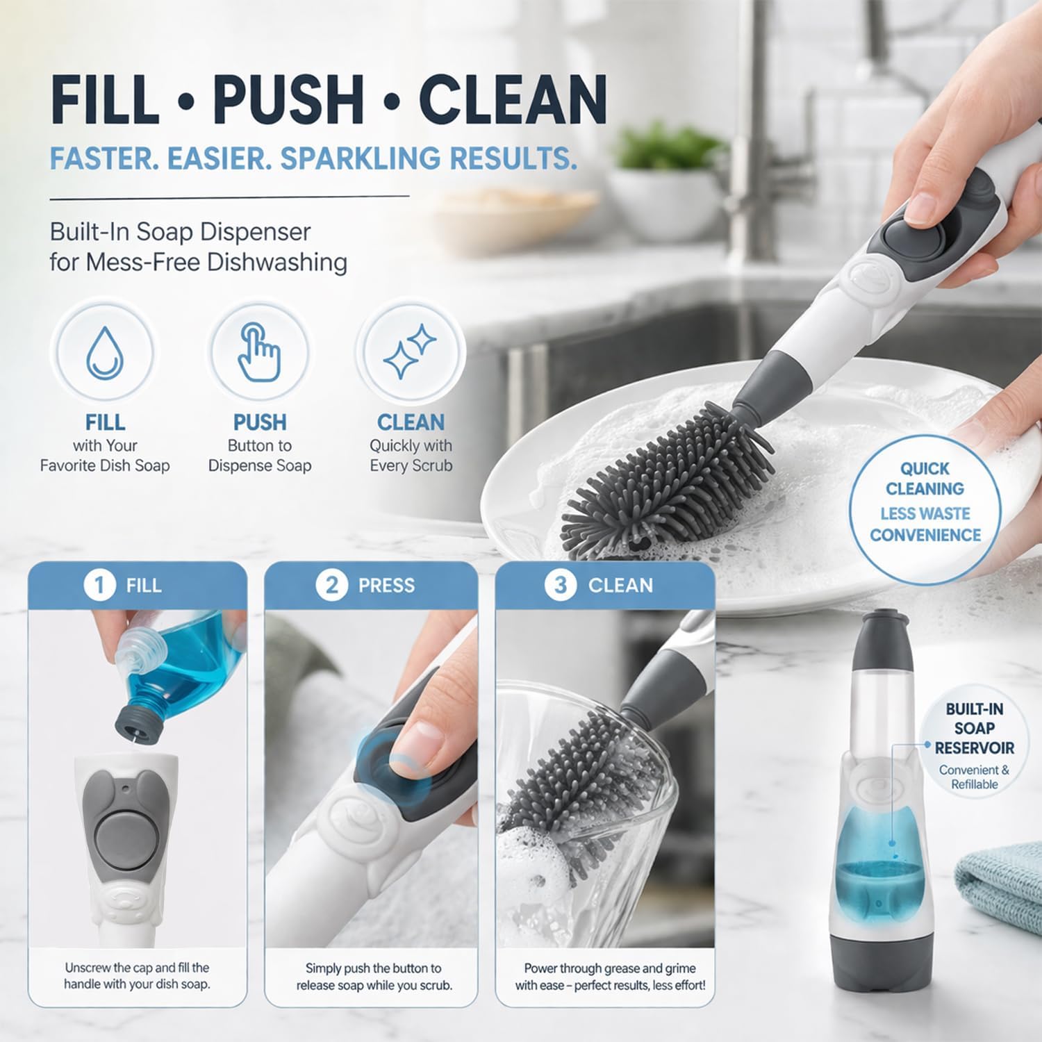 Soap Dispensing Brush Cleaner for Kitchen, Glassware, Mugs, and Plates | BPA Free Silicone Bristles, Portable, Comprehensive Multi-Purpose Cleaning