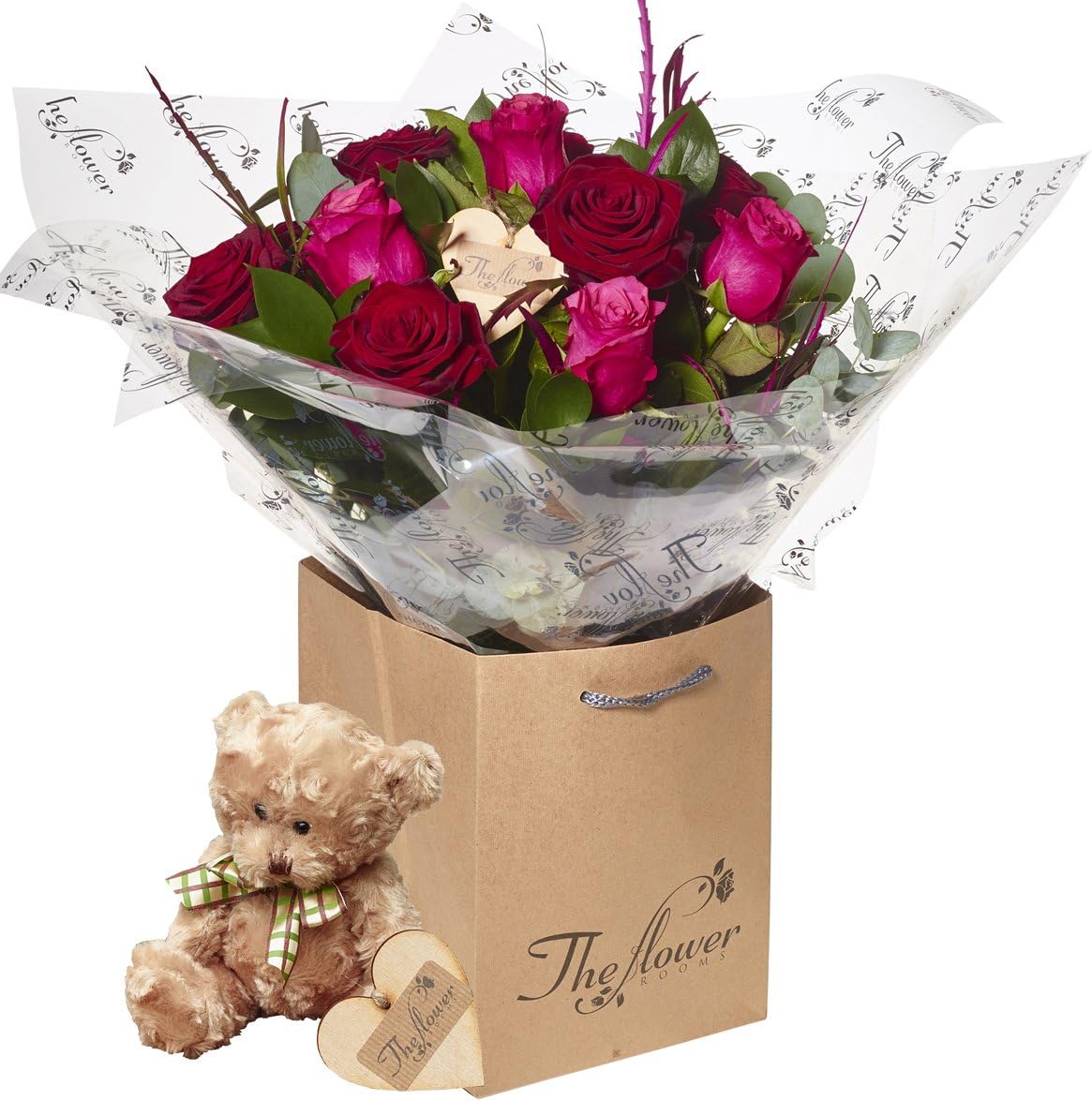 The Flower Rooms - Scarlet Pinks Two Half Dozens Flower Gift with Teddy Bear - Gorgeous Fresh Flower Gift