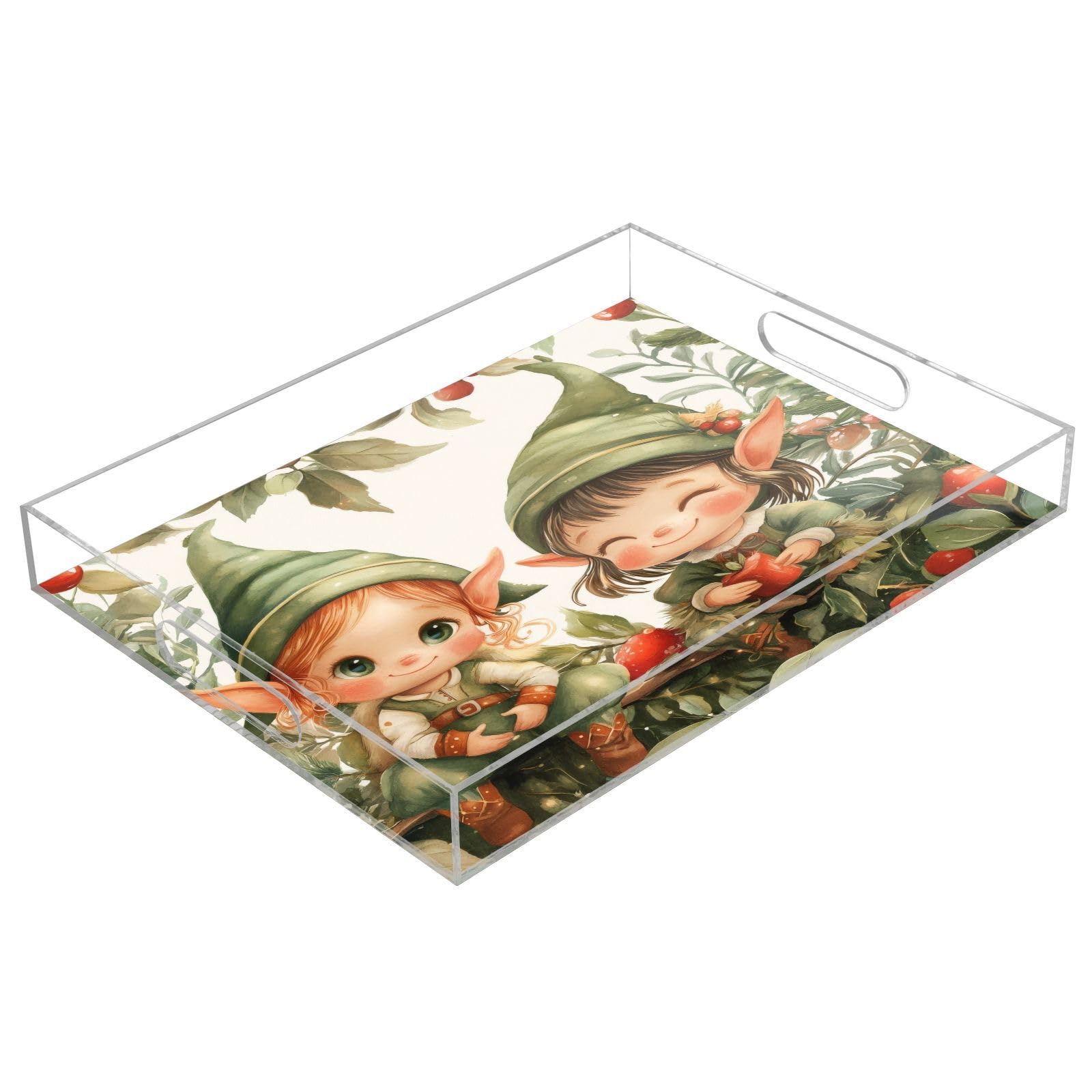 Msyxl Cute Elves Serving Tray for Coffee Table, Decorative Acrylic Tray Cute Elves Tray with with Handles for Breakfast, Ottoman, Countertop, 12x16 in