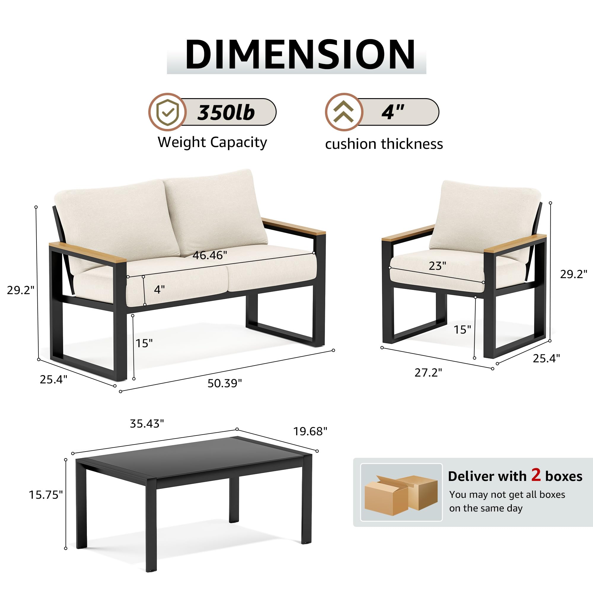 NATURAL EXPRESSIONS Salon de Jardin extérieur modulable 4 pièces en métal, accoudoirs Imitation Bois, Tissu Textilène avec Coussins Olefin 10 cm, Beige