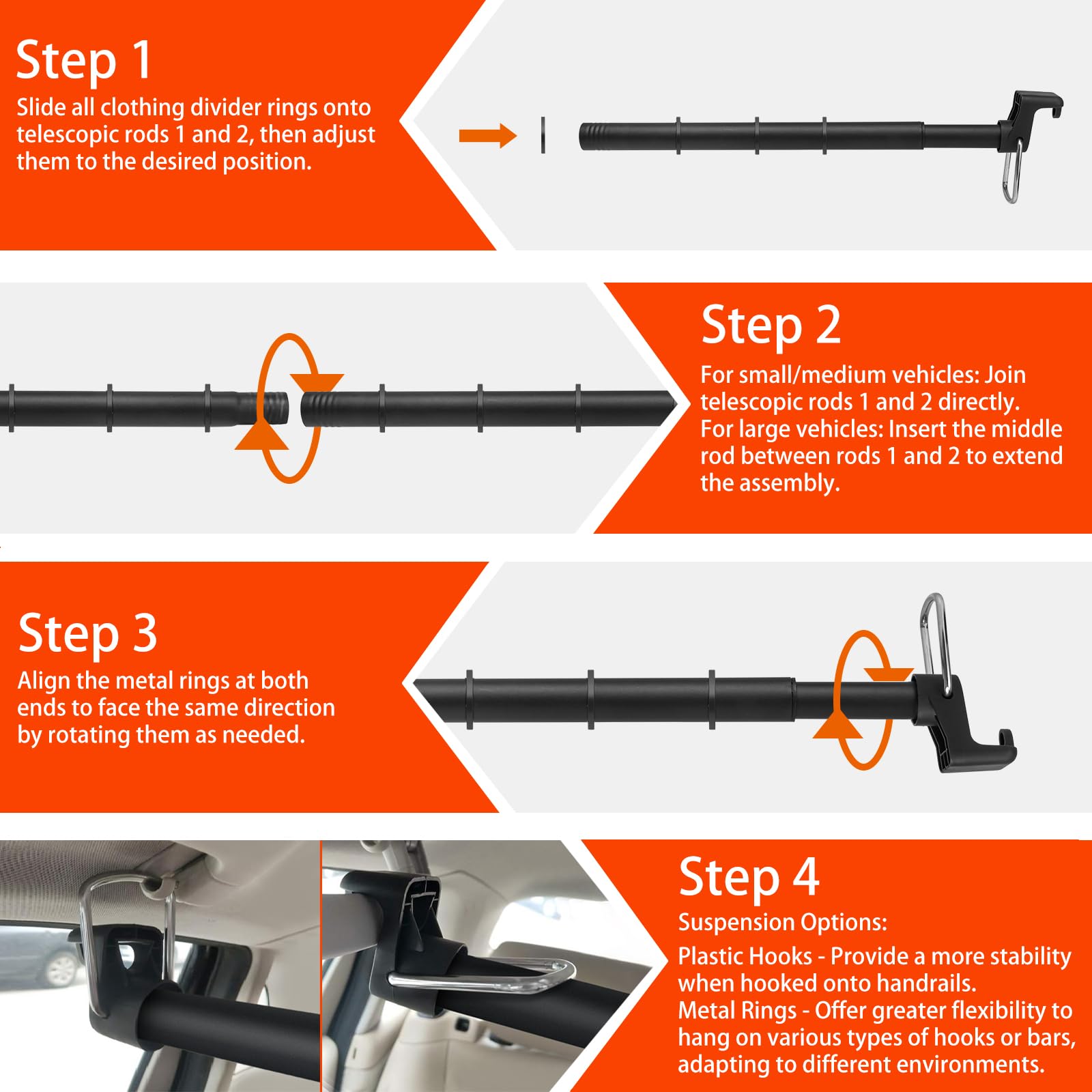 Beinhome Appendiabiti da auto ultraresistente - Lunghezza regolabile 76-160 cm, asta per indumenti da viaggio per una conservazione senza grinze