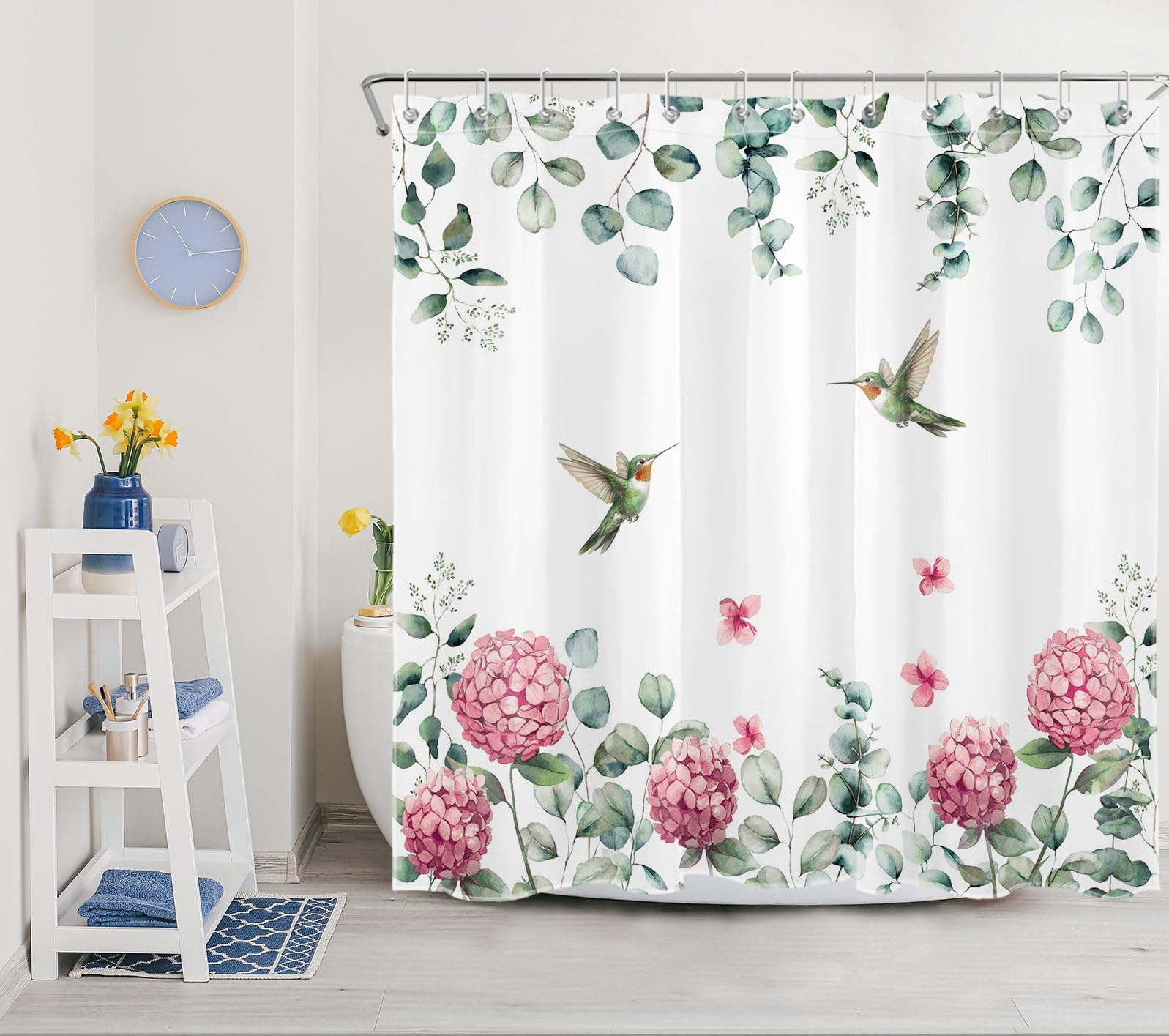 Tenda Doccia LB Foglie Eucalipto 240x175 Cm - Design Fiori Rosa E Farfalle, Impermeabile, Antimuffa, Con 16 Ganci, Per Bagno