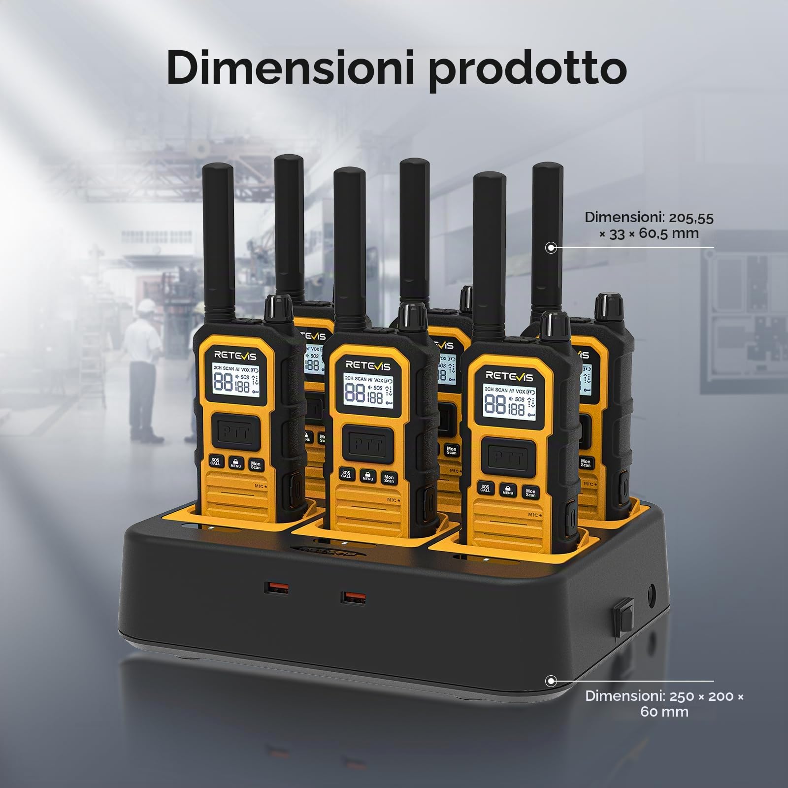 Retevis RB648Plus Walkie-Talkie, IP67 Impermeabile Radio Bidirezionale | VOX, Chiamata di Gruppo, 2000mAh, Walkie Talkie a Lunga Distanza con Caricatore a 6 Vie per Cantiere(6 Pz, Giallo)