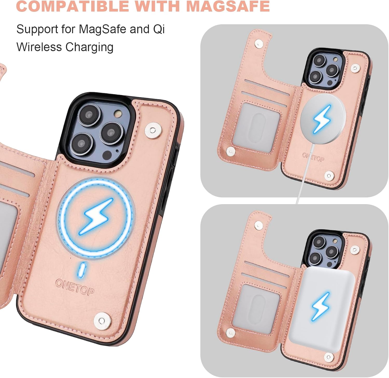 ONETOP Compatible with Magsafe for iPhone 14 Pro Wallet Case with Card Holder, PU Leather Kickstand RFID Blocking Case, Double Magnetic Clasp and Durable Shockproof Cover 6.1 Inch (Rose Gold)