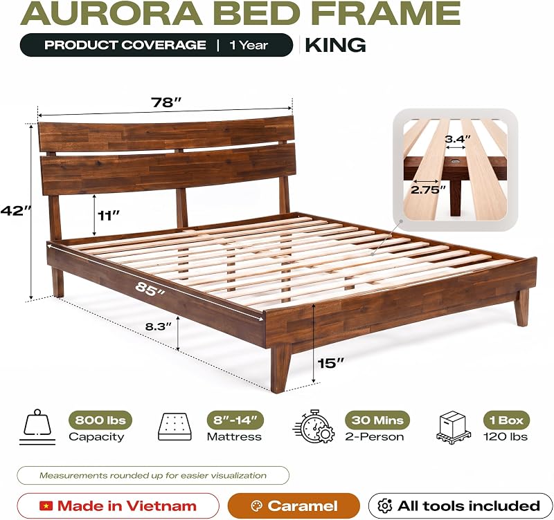 Aurora Acacia Solid Wood King Platform Bed Frame with Headboard, Walnut image 2