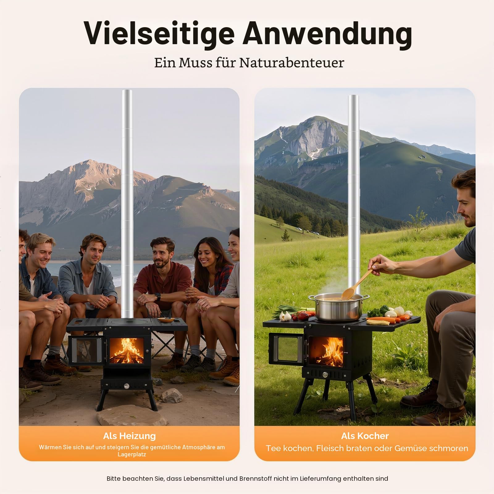 Klappbarer Camping Holzofen Zeltofen, Tragbarer Zeltkocher, Campingkocher mit Schornsteinrohre, Gartenofen Outdoor Ofen Campingofen, Mini Holzofen 36-56cm Höhenverstellbar, für Outdoor-Aktivi