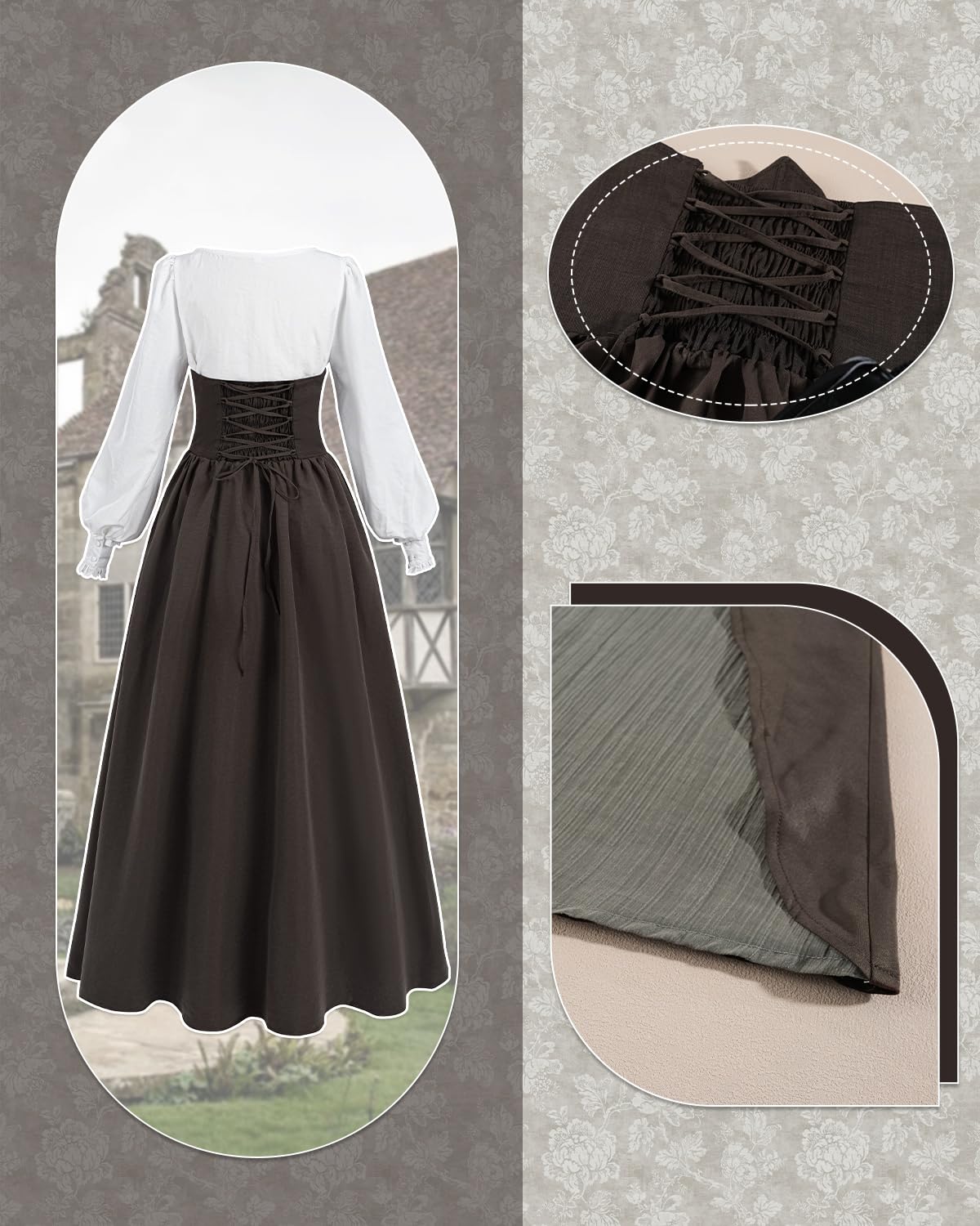CR ROLECOS Mittelalter Kleidung Damen 2-teiliges Kostüm Cocktailkleid Langarm Vintage Gothic Piraten Kleid Viktorianisches Ballkleid