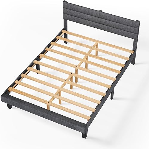 Miniatura 9 de VINGLI Base de cama de plataforma tamaño Queen con cabecera de tela de lino, cama moderna de perfil bajo con soporte de listones tapizados y Gris