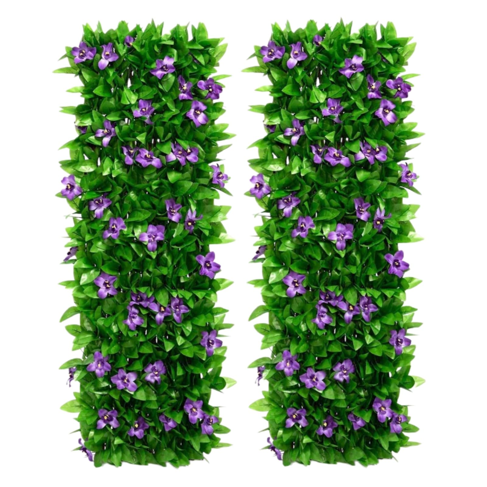 2Pcs Artificial Ivy and Violet Flower Fence Screening,Expanding Garden Trellis Panels for Balcony Patio Outdoor,Decorative Faux Ivy Fencing Panel,Artificial Hedges 40x200cm- Expanded