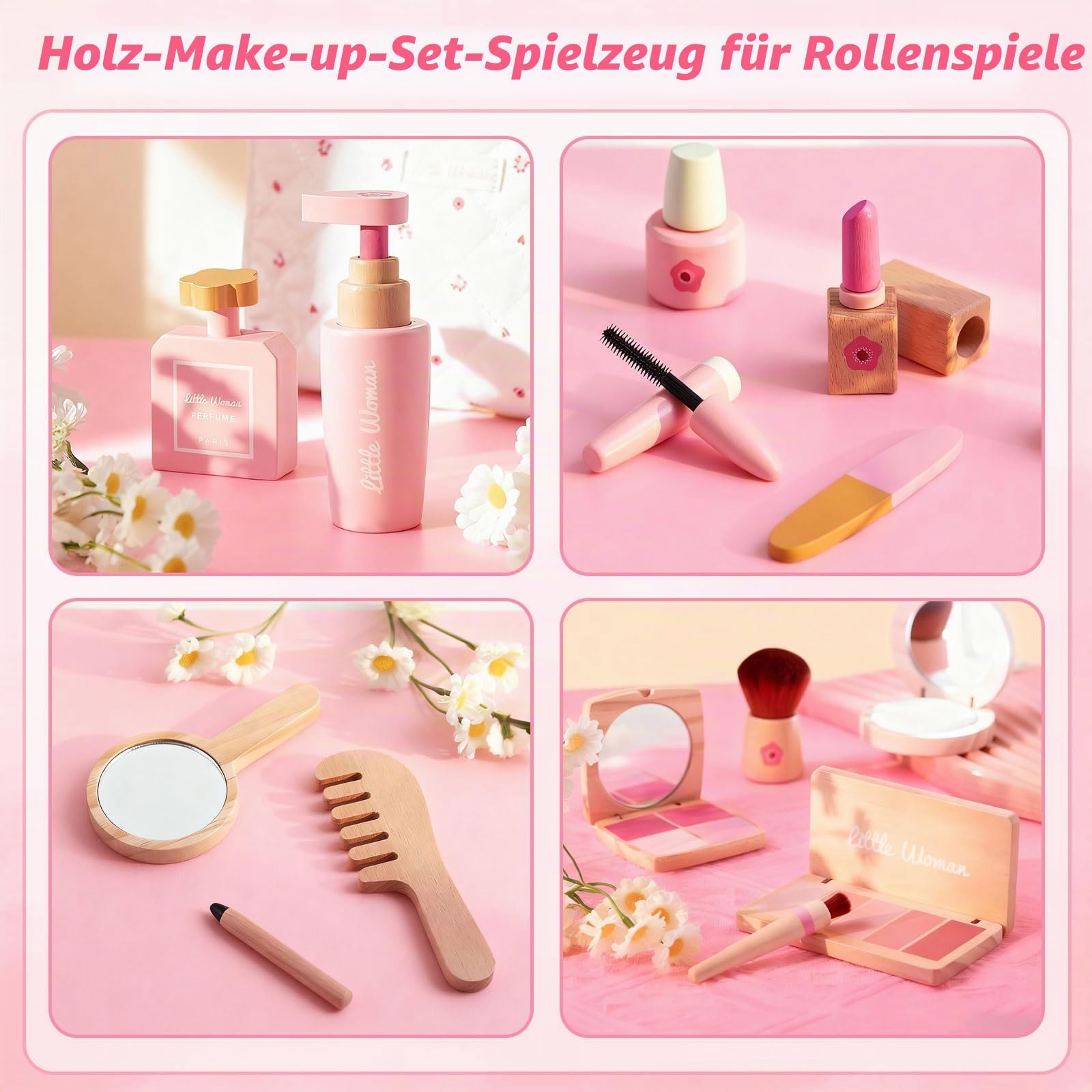 Holz Kinderschminke Set für Mädchen, 15-teiliges Kinder Schminkset aus Holz, Kosmetik Makeup Spielzeug Rollenspiel Prinzessin Schminkkoffer Geschenk ab 3 Jahren