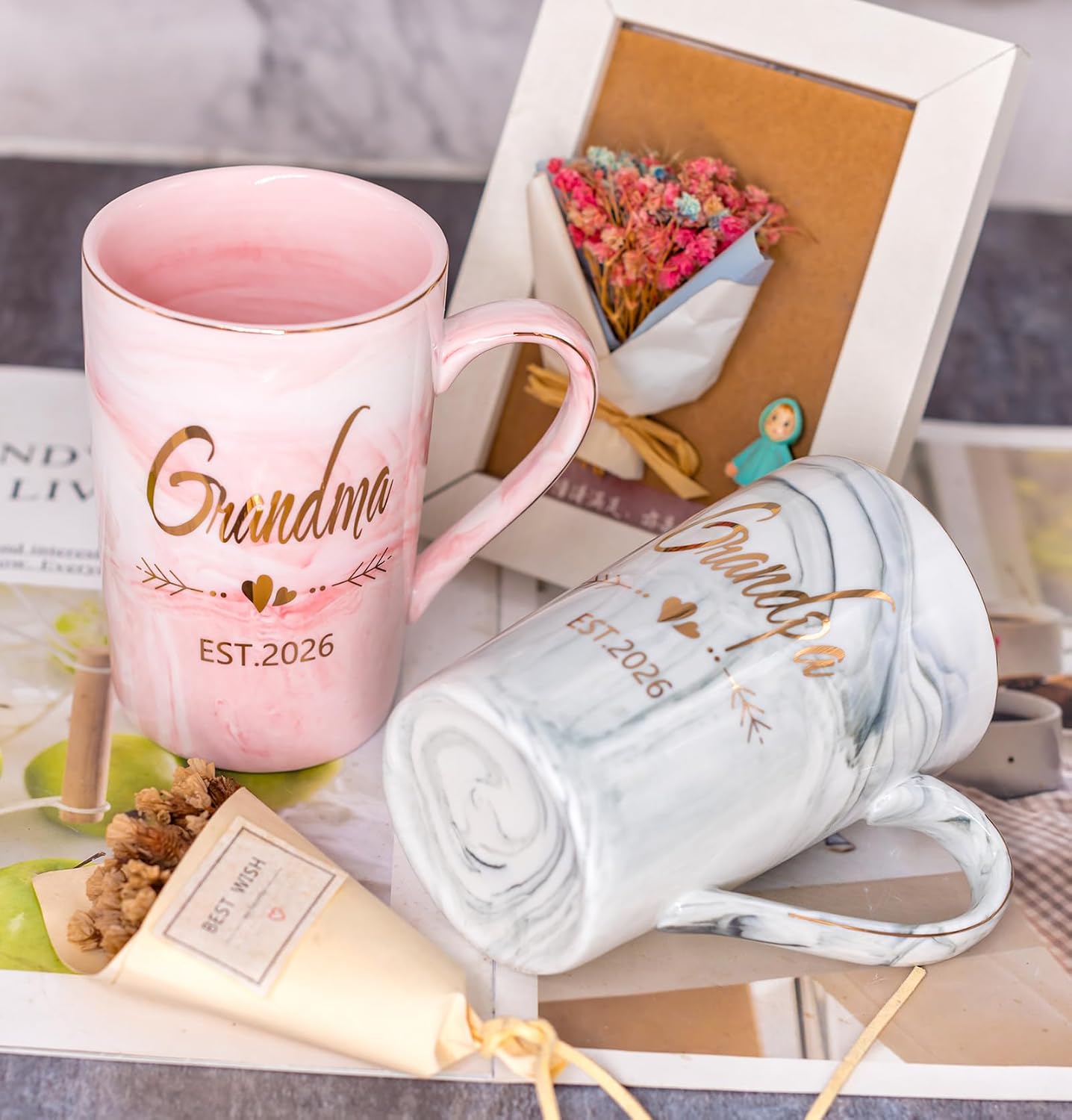 Grandma and Grandpa EST 2026 Mugs - New Grandparent Announcement First Time Pregnancy Gifts Coffee Mug Set- Elegant Gifts for Baby Shower Mother's Day Father's Day - 12.5oz Ceramic Coffee Cup