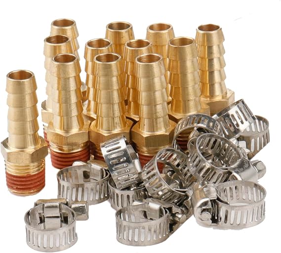 WHK 12 PACK Air Hose Repair Kit Fittings 3/8 Barb to 1/4 NPT Air Hose Barb Connectors with Sealant Air Line Coupler, Brass Pipe Fittings Male Threaded with 12 Pcs Hose Clamp…