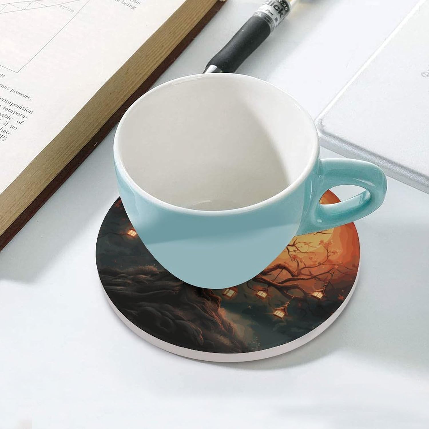 Mysterious Tree Birds Coasters Round Coasters Set Ceramic Stone Coaster with Cork Base Coffee Cup Beverage Cup Mat Cute Funny Table Drinks Coaster for Mugs and Cups Office Kitchen