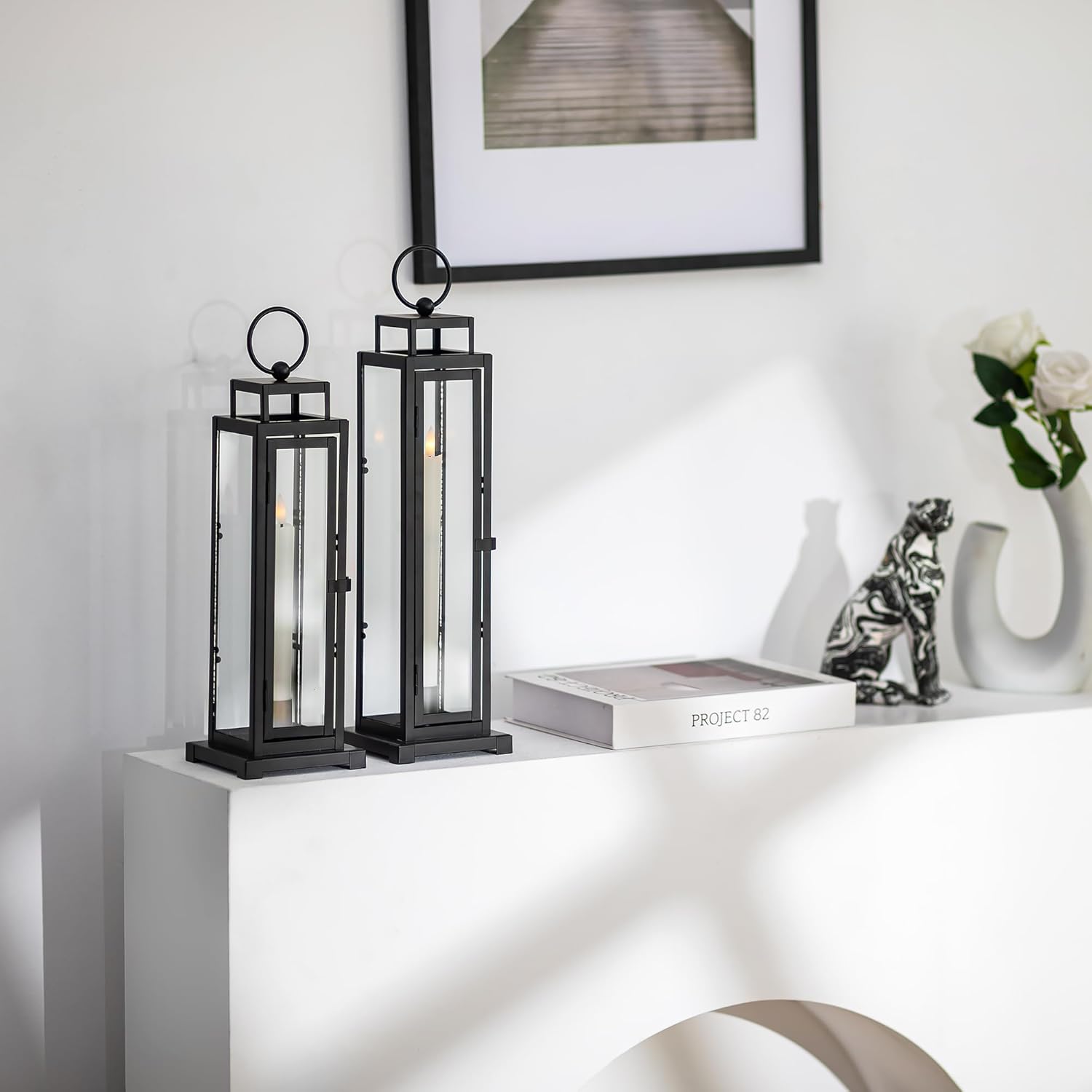 Black Lanterns Decorative Indoor Set of 2 : 13" & 15" Glass Outdoor Lantern Candle Holder with LED Taper for Patio Porch Fireplace Living Room Tall Modern Home Decor