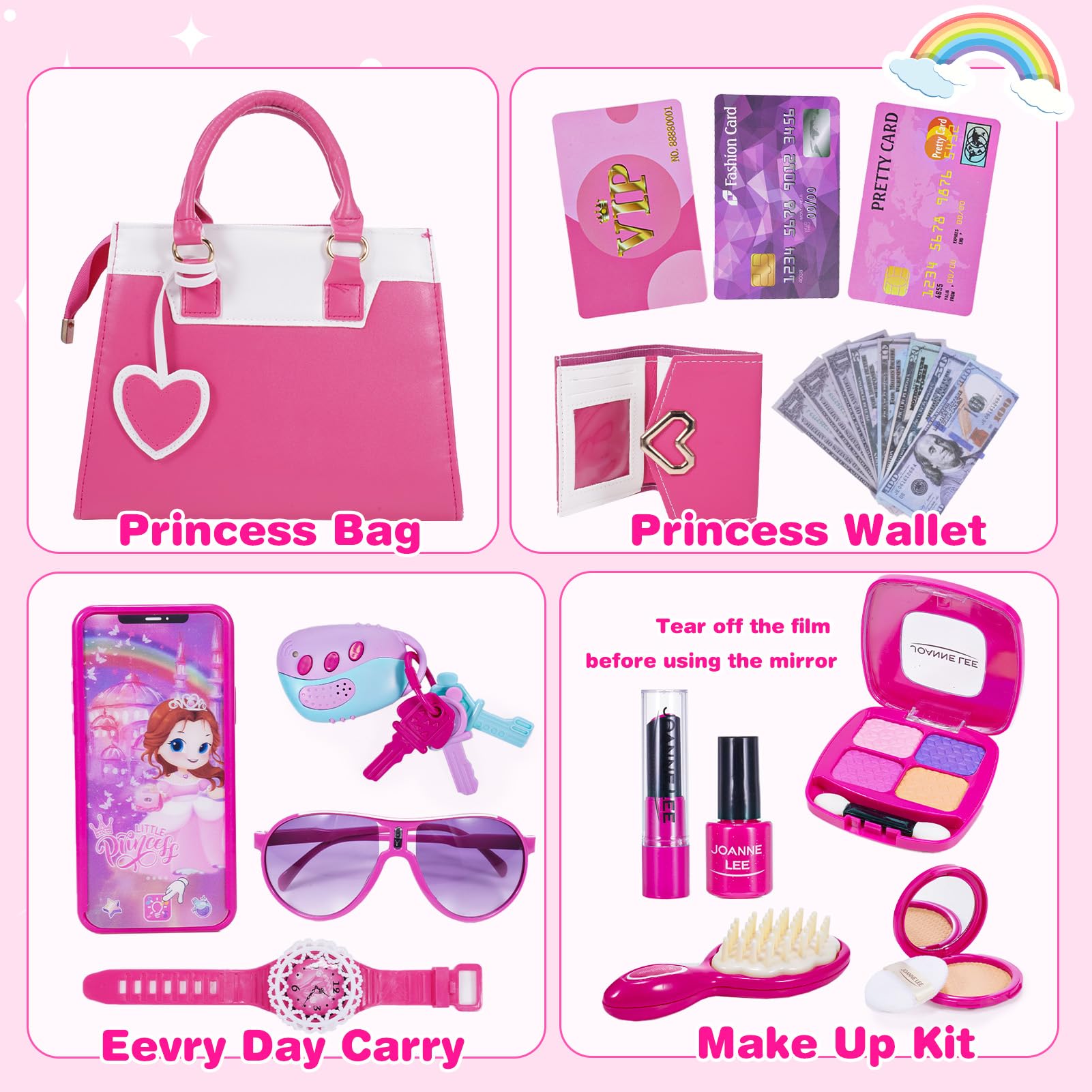 Spielzeug Ab 3 Jahre Mädchen Geschenk 3-12 Jahre, Pretend Play Kinderschminke Set Enthalten Handtasche, Wallet, Vorgeben Spielen Phone, Car Keyfob Schlüssel und Mehr