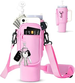 dabria Water Bottle Carrier Bag with Phone Pocket for Stanley 40/30 oz Tumbler Neoprene Water Bottle Holder Pouch with Adjustable Strap Bollus with Straw Cover & Carabiner for Stanley Cup Accessories