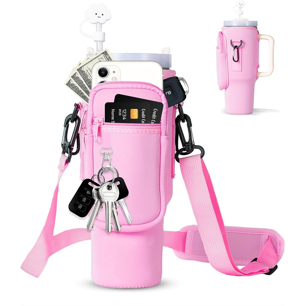 dabria Water Bottle Carrier Bag with Phone Pocket for Stanley 40/30 oz Tumbler Neoprene Water Bottle Holder Pouch with Adjustable Strap Bollus with Straw Cover & Carabiner for Stanley Cup Accessories