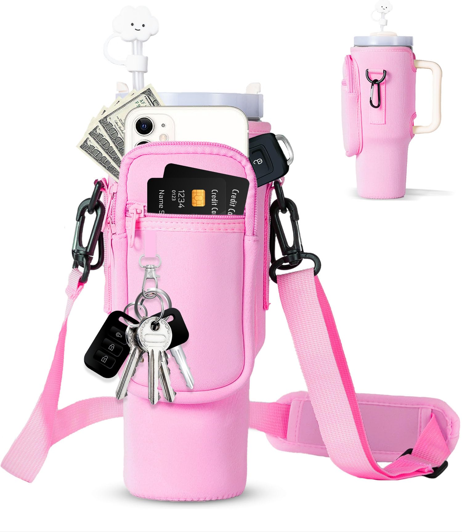 dabria Water Bottle Carrier Bag with Phone Pocket for Stanley 40/30 oz Tumbler Neoprene Water Bottle Holder Pouch with Adjustable Strap Bollus with