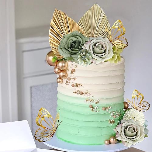 Miniatura 4 de Decoración de pastel bohemia con hojas de palma, flores verdes polvorientas y mariposas, decoraciones para pasteles para boda bohemia, baby shower,