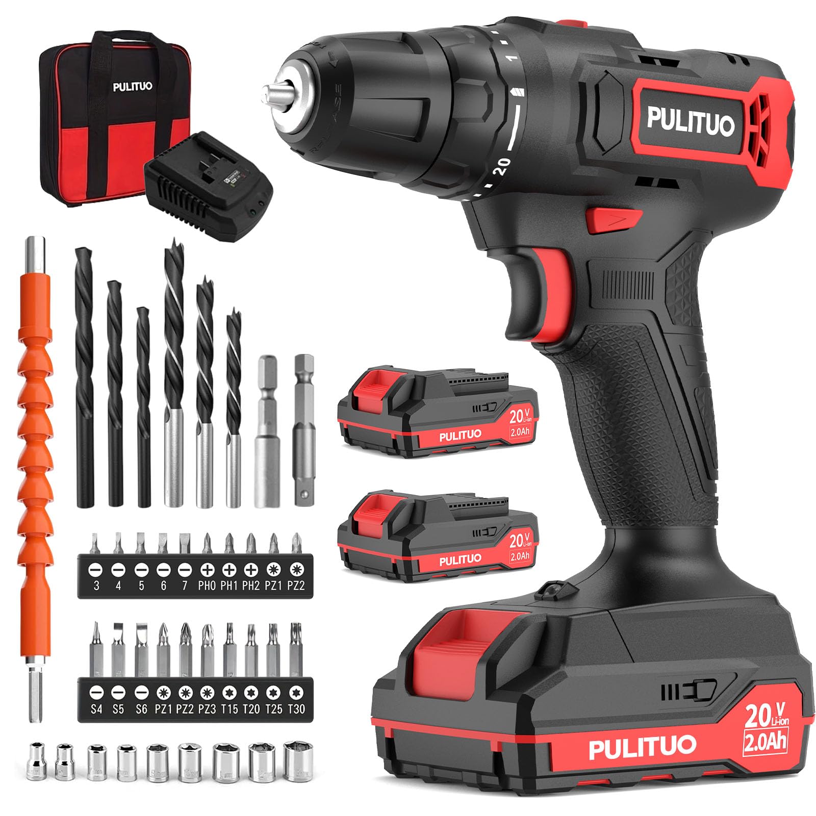 PULITUO Trapano Avvitatore Batteria 20V, Avvitatore a Batteria con 2 Batterie da 2,0 Ah, Mandrino Autoserrante da 3/8", 2 Velocità, 21+1 Livelli di Coppia, Set 42 Pezzi, Kit di Attrezzi per La Casa